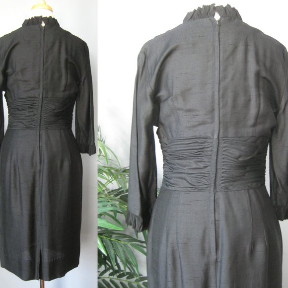 Vintage 1950s Cocktail Dress Black LBD Wiggle dress linen/silk blend? ruffles - Picture 3 of 4